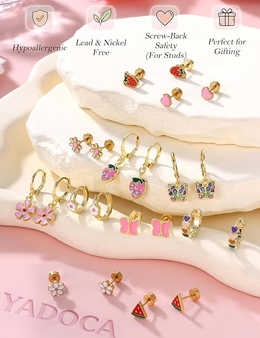 YADOCA 11 Pairs Hypoallergenic Earrings for Girls Women Surgical Steel Flat Back Stud Earrings Dangle Huggie Hoop Cute Heart Butterfly Flower Strawberry Screwback Earring Set Toddler Jewelry Gift