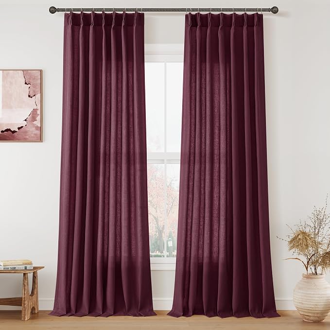 Aersas Burgundy Pinch Pleated Linen Curtains 108 Inch Length 2 Panels for Living Room Bedroom Semi Sheer Window Curtain Boho Neutral Back Tab Pinch Pleat Drape with Hooks 40x108