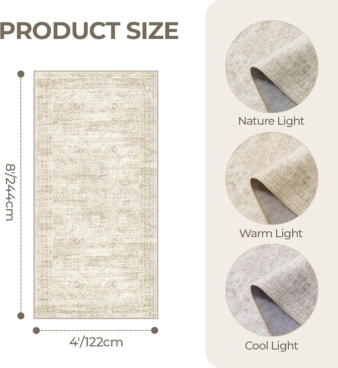 4x8 Rug Non Slip,Washable Hallway Runner Rug,Beige | Area Rugs for Kitchen,Entryway,Bedroom,Bathroom,Nursery Room,Thin,Soft Runner Rug,Stain Resistant Indoor Carpet