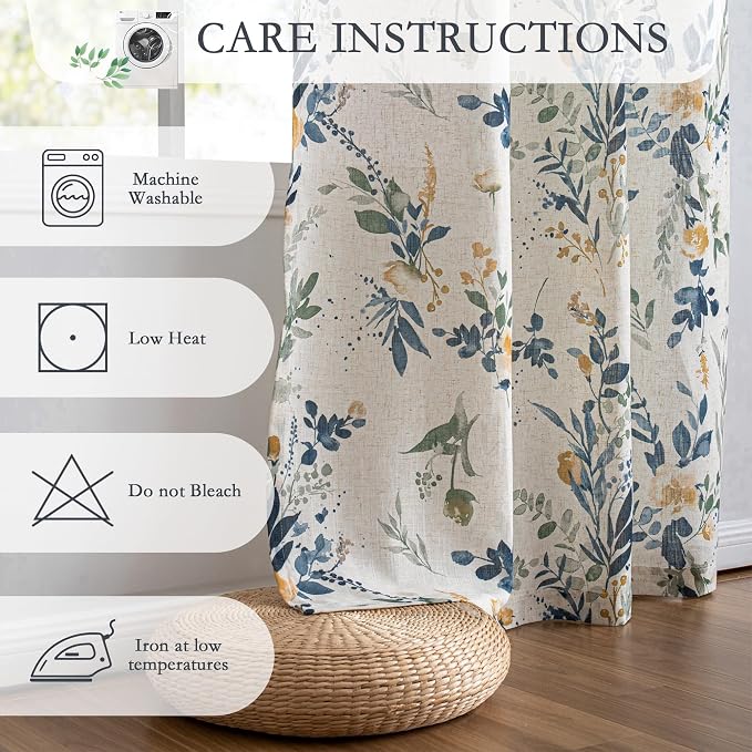 MYSKY HOME Linen Floral Curtains 63 inches Long 2 Panels Set for Bedroom Light Filtering Privacy Protect Farmhouse Style Decorative Drapes Back Tab for Home,50" Wide Each Panel, Yellow and Blue