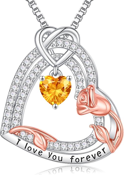 Gifts for Mom 925 Sterling Silver Birthstone Necklace for Women, Heart & Rose Design Birthday Gifts for Mom Wife Her