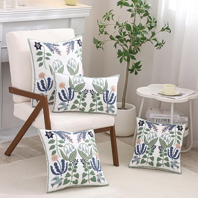 Embroidered Throw Pillow Covers 20x20 Pack of 2 Green and Navy Blue Leaves with Birds Pillow Covers Floral Tufted Pillowcases Summer Decorative Coastal Pillow Cushion Cases