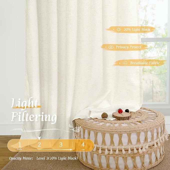 LAMIT Cream Sheer Linen Curtains for Bedroom, 45 Inches Long Faux Linen Textured Light Filtering Panels Rod Pocket Neutral Drapes for Kitchen/Window/Living Room, 2 Panels Set, 42 x 45 Inch