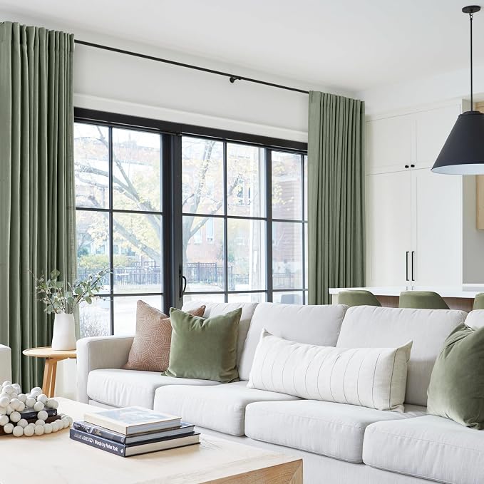 Olive Green Curtains 108 inch Length 2 Panels for Bedroom Back Tab Light Filtering Semi Sheer Drapes Linen Cotton Textured Airy Modern Farmhouse Living Room Sage Aesthetic Decor 52x108