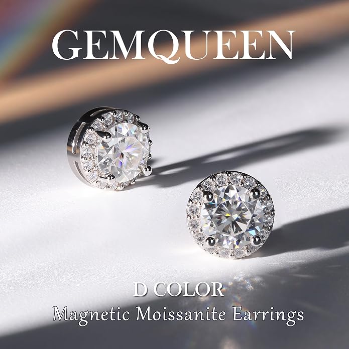 GEMQUEEN Moissanite Magnetic Earrings for Men : 18K White Gold Plated Hypoallergenic Stainless Steel Non Piercing Clip on Fake Earrings Studs Halo Round Square Diamonique Earring Women D Color VVS1