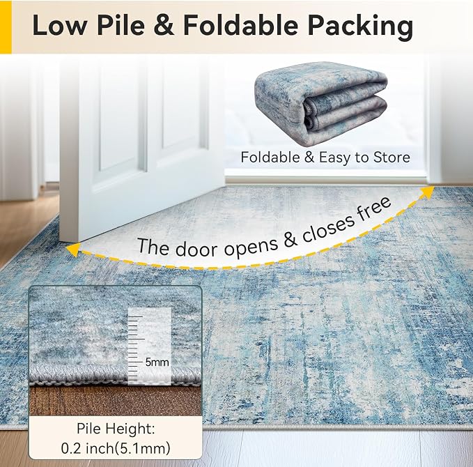 RELEANY Washable Area Rugs 5'x7' Non-Slip Modern Abstract Soft for Living Room Entryway Bedroom Kitchen, Print Pattern, Blue Teal