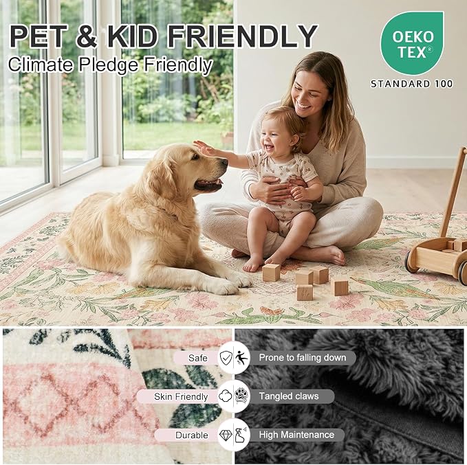 2'x3' Boho Small Area Rug, Washable Non-Slip Silicone Backing Door Mat, 0.26" Low Pile Faux Wool Foldable Rug for Entryway Bathroom Kitchen Indoor Decor, Garden Pink