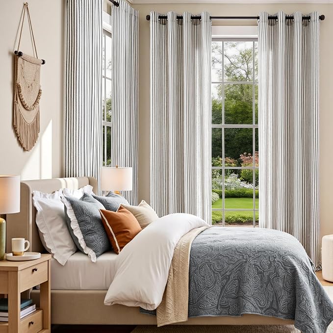 Vangao Linen Striped Curtains for Living Room Bedroom Farmhouse Tickingstripe Light Filtering Window Curtains Printed Drapes Grommet Top 2 Panels Charcoal Grey W50 x L84 Inch