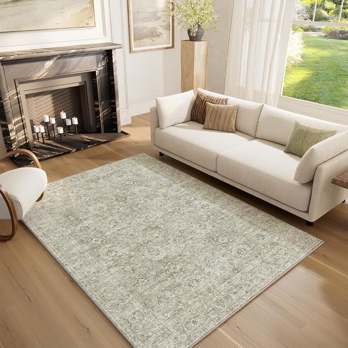Washable Rugs for Living Room: 5x7 Area Rugs for Bedroom Ultra Soft Non-Slip Stain Resistant Vintage Boho Large Carpet for High-Traffic Dining Room - Farmhouse Decor