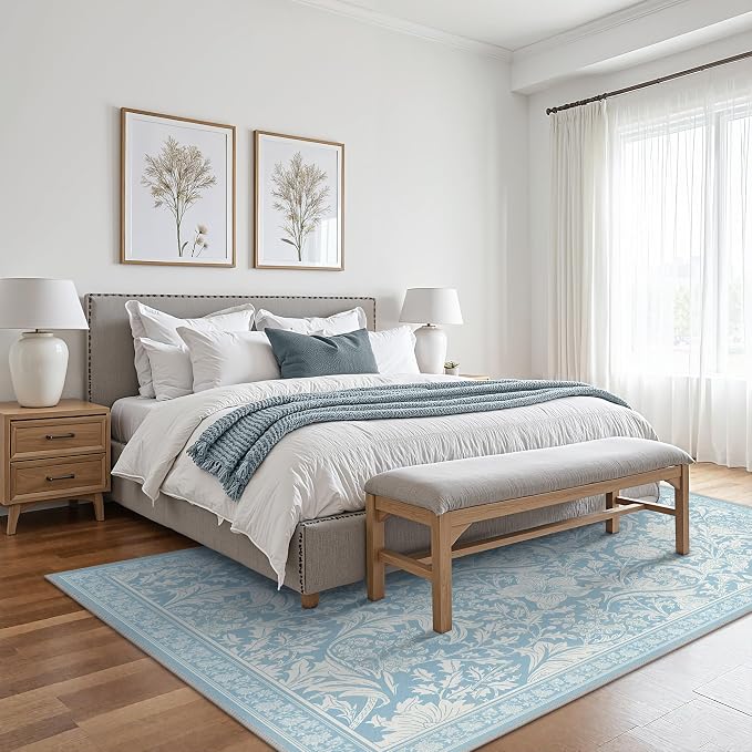 Clearance Area Rug 5x7 Washable Rugs for Bedroom, Vintage Floral Rug with Non Slip Backing, Low Pile Carpet for Living Room, Dinning Room, Light Blue