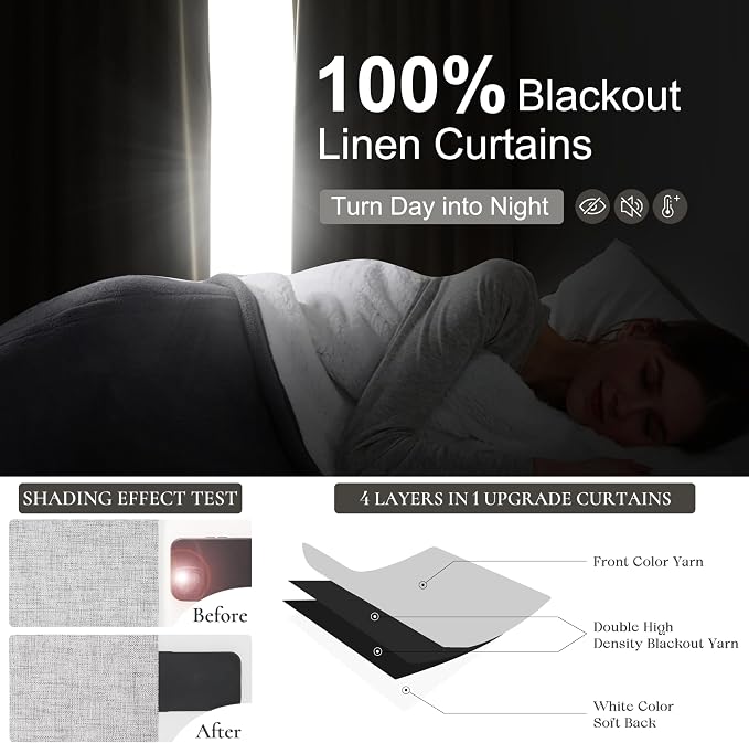 QJmydeco Grey Curtains 60 Inch Length Wide Pleated Blackout Curtain for Sliding Glass Door/Living Room, Farmhouse Linen Thick Boho Bedroom Heavy Insulated Large Window Drapes (60" Wx90 Lx2Panels)