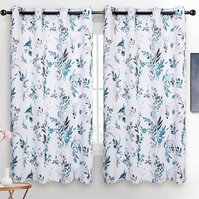 MYSKY HOME Floral Blackout Curtains for Kitchen Room Darkening Thermal Insulated Panels 45 Inch Long Light Blocking Grommet Rustic Curtains for Dormer Window, 2 Panels, Turquoise