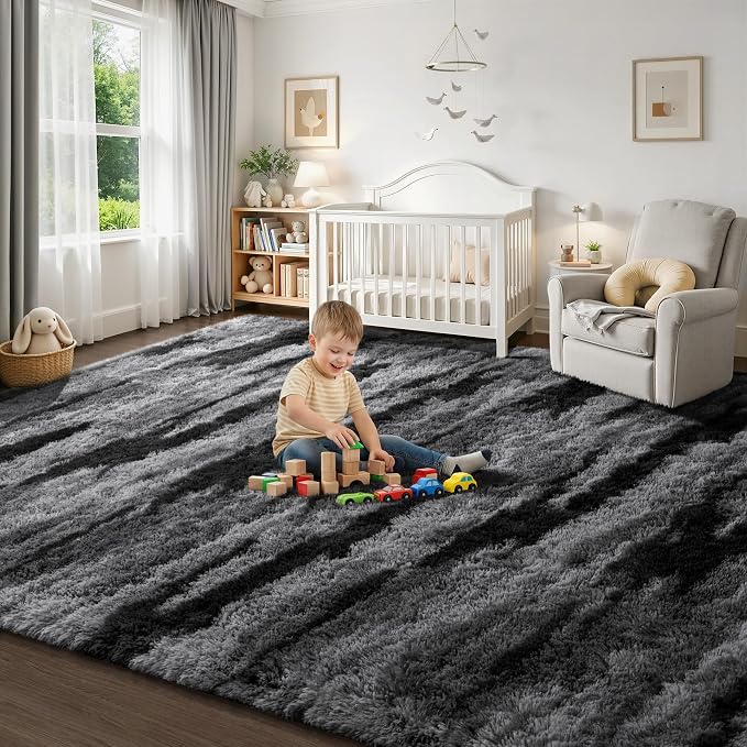 Deerhoo Shag Area Rug, 4 X 6 Tie-Dyed Plush Fuzzy Rugs for Living Room, Ultra Soft Fluffy Furry Rugs for Bedroom, Anti-Skid Indoor Carpet Nursery Rugs for Kids Room Home Decor, Black Gray