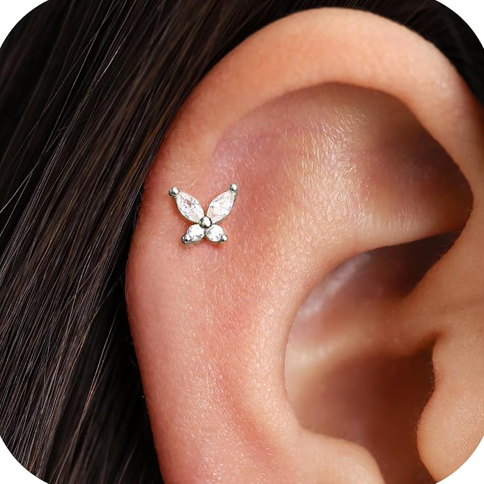 1Pcs 14K Yellow/White Gold Cartilage Earring for Women, 16G Threadless Flat Back Top Push in, Butterfly Tragus Helix Labret Lip Stud Piercing Jewelry