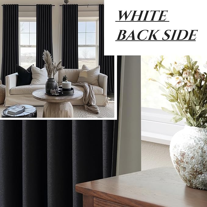 QJmydeco Black 100% Blackout Curtains 84 Inches Long to Keep Heat Out, Black Linen Boho Drapes for Bedroom/Living Room Darkening Back Tab/Rod Pocket/Hook Thermal Insulated (2Panels Set Burg W50 xL84)