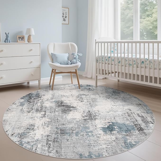 Abstract 6FT Round Rug: Machine Washable Non Slip Ultra Thin Low-Pile Carpet, Soft Stain Resistant for Living Room Bedroom Nursery, Kid Pet Friendly, Robot Vacuum Compatible - Grey Blue