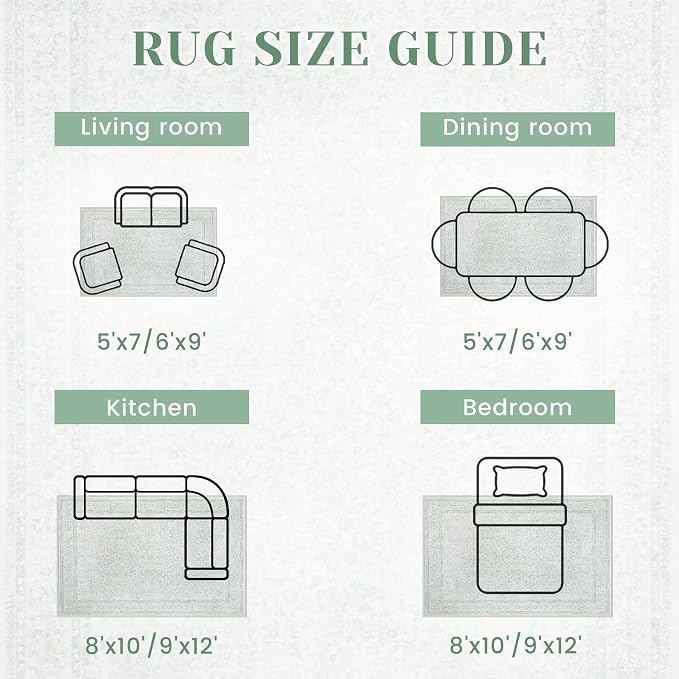 9x12 Area Rugs for Living Room: Washable Large Vintage Floral Rug Low Pile Non-Slip Boho Carpet for Bedroom Home Office Dining Room (Green, 9'x12')