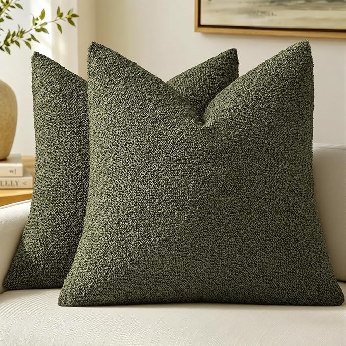 MIULEE 18x18 Decorative Lumbar Boucle Couch Pillow Covers Moss Green | Set of 2 Textured Neutral Throw Pillow Covers, Accent Solid Pillowcases, Sofa Living Room Home Decor
