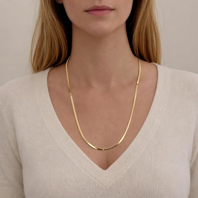 WomenGifts 14K Gold Silver Plated Herringbone Necklace for Women, Dainty Snake Chain Choker, Trendy Simple Long Layered Jewelry Non Tarnish, 3/4/5/8mm,14,16,18,20,22,24,26 Inch Thin & Chunky Options