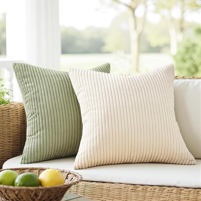 Topfinel Green White Spring Pillow Covers 22x22 Inch Set of 4 Boho Nordic Cushion Covers Soft Corduroy Home Decor for Couch Bed Sofa Living Room