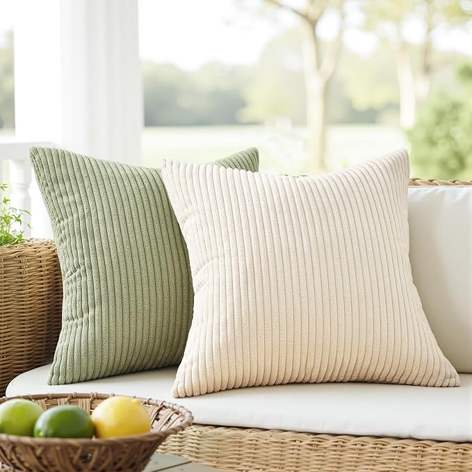 Topfinel Green White Spring Pillow Covers 18x18 Inch Set of 4 Boho Nordic Cushion Covers Soft Corduroy Home Decor for Couch Bed Sofa Living Room