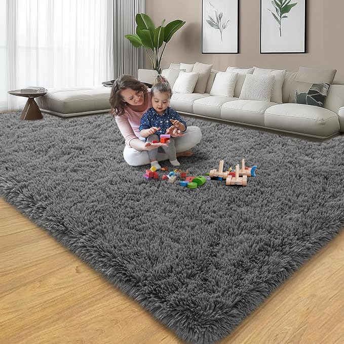 qulint 9x12 Area Rug for Living Room, Dark Grey Fluffy Large Bedroom Carpet | Shag Shaggy Modern Rug, Fuzzy Plush Alfombra Para Sala for Dorm Classroom Playroom Home Decor