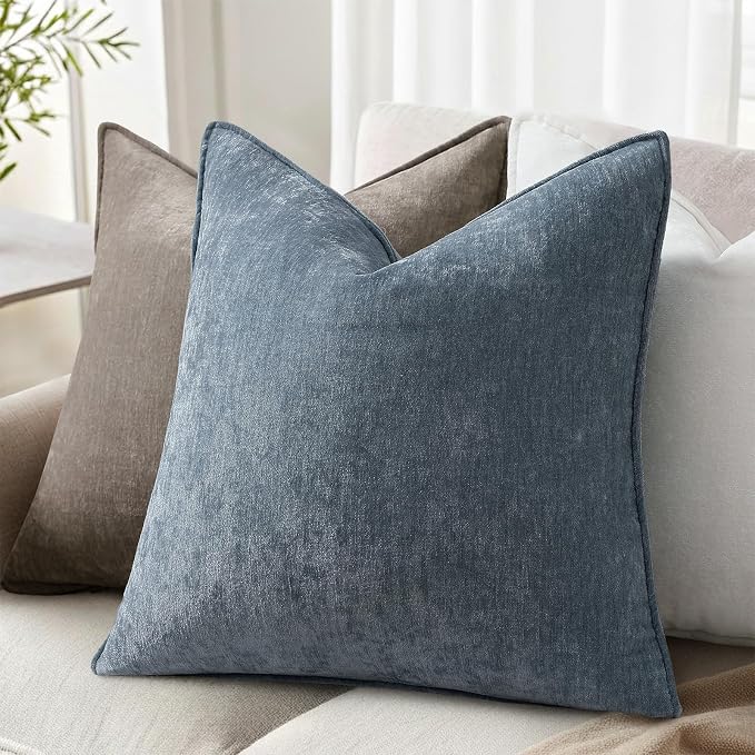 decorUhome Chenille Haze Blue Velvet Throw Pillow Covers 16x16 Set of 2 | Fall Soft Couch Decorative Modern Farmhouse Pillow Cases with Elegant Design for Sofa Bed Living Room Home Decor