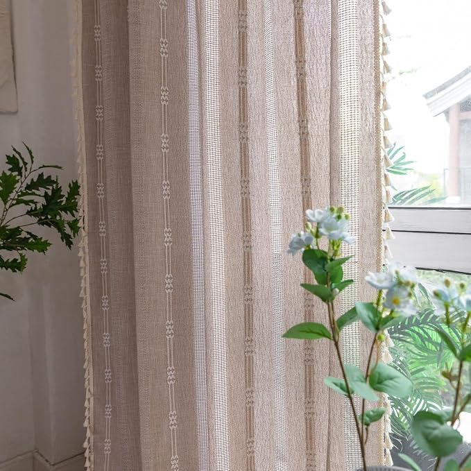 Linen Curtains 108 Inches Long for Living Room 2 Panels Set, Embroidery Farmhouse Tassel Boho for Bedroom Light Filtering Window Rod Pocket Drapes (52" W x 108" L, Khaki)