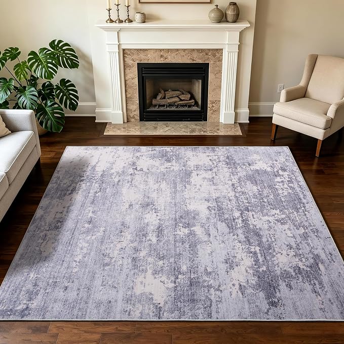 6x9 Area Rugs Living Room Rug Abstract Washable Rug Non-Slip Soft Low Pile Indoor Floor Stain Resistant Thin Carpet for Bedroom Dining Room Home Office Farmhouse Nursery - Light Gray & Cream 6' x 9'