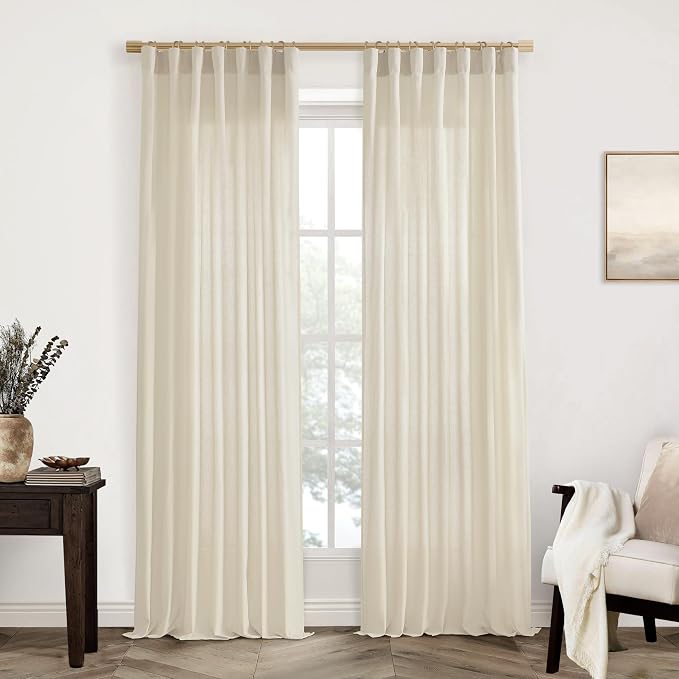 XTMYI Country Curtains for Living Room,96 Inches Long Beige Sheer Linen Shabby Chic Curtains for Bedroom