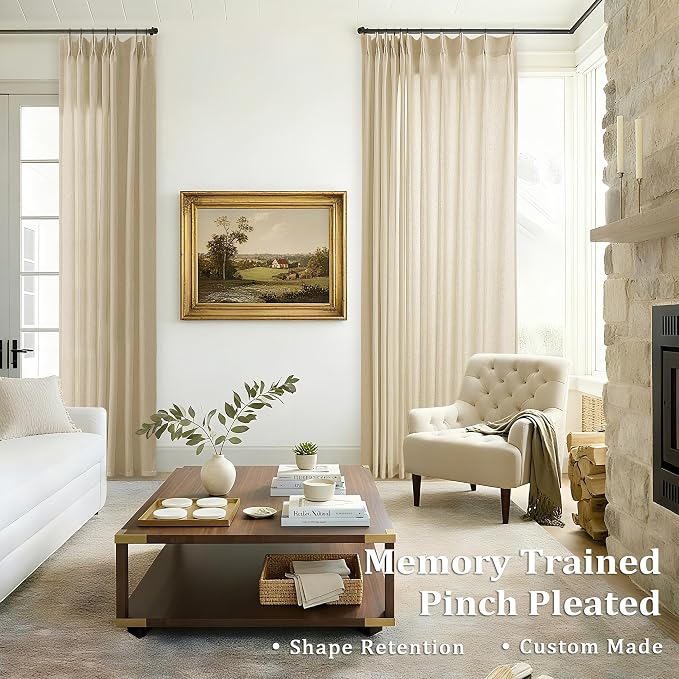 Pinch Pleat Flax Linen Curtains 90 Inches Long Beige Semi Sheer | Flax Tan, Pleated Curtain 90 Inch Length, for Bedroom Dining Living Room, Hooks Rings, Back Tab, Farmhouse Country Boho Drape