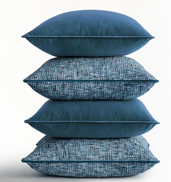a moment Blue 4 Pack Throw Pillow Covers - Chenille & Velvet Set with Piping, Farmhouse Textured Design Pillow Cases for Couch Sofa Bed Livingroom (22x22 Inch, No Insert)