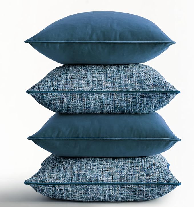 a moment Blue 4 Pack Throw Pillow Covers - Chenille & Velvet Set with Piping, Farmhouse Textured Design Cushion Cases for Couch Sofa Bed (18x18 Inch, No Insert)