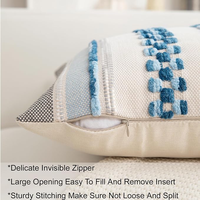 Boho Pillow Covers 18x18 Set of 2 for Couch-Modern Farmhouse Sofa Decorative Blue Throw Pillow Covers Textured Chenille Cushion Covers Outdoor Netural Bohemian Pillow Cases Square
