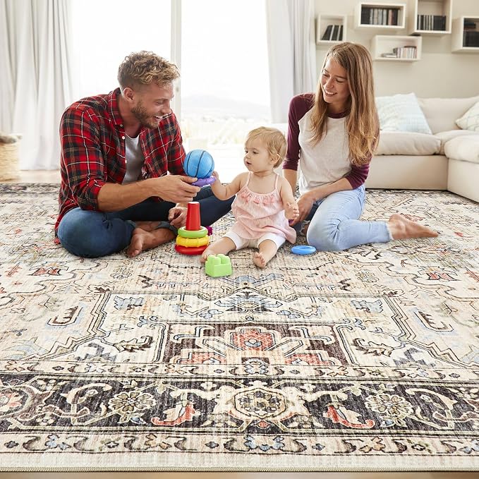 8x11 Area Rugs for Living Room - Large Carpet Ultra Thin Soft Washable Oriental Vintage Floral Distressed Rug Big Indoor Carpets for Bedroom Nursery Dorm Home Decor Aesthetic - Multi Color