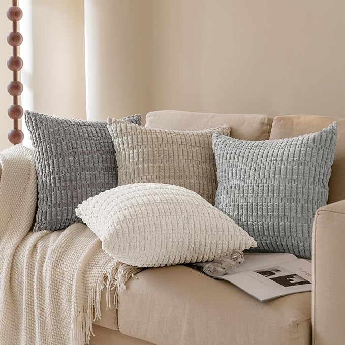 Softalker Cream Beige Throw Pillow Covers 18x18 Inch, Set of 2, Solid Color Corduroy Soft Plush Decorative Square Cushion Covers for Couch Sofa, Summer Outdoor Rustic Farmhouse Boho Home Decor