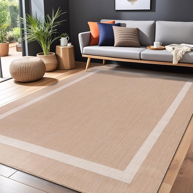 Luul Home Bordered Outdoor Rug 10x14 Washable Outside Carpet for Indoor Patio Porch Waterproof Easy Cleaning Non Shedding Area Rugs Beige 10 x 14