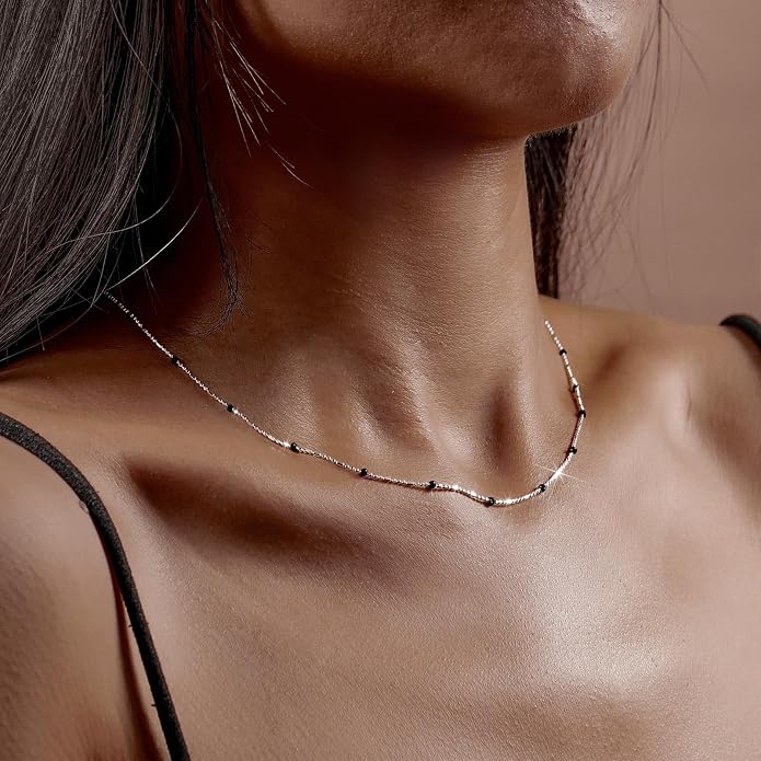 Beaded Necklaces for Women S925 Sterling Silver Colorful Bead Necklace Rainbow Simple Chain Choker Hypoallergenic Necklace Bohemian Beaded Necklaces Unique Birthday Wedding Graduation Jewelry Gifts for Women