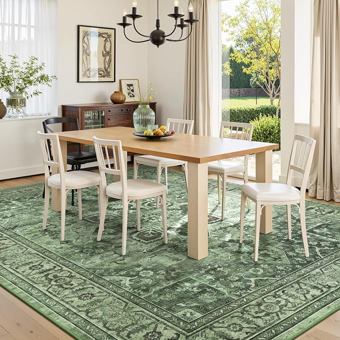 Sage Green 9x12 Vintage Boho Rug for Living Room - Washable Dining Room Rugs Under Table, Soft Low Pile Floral Moss Green Carpet for Bedroom, Non-Slip Bohemian Large Rug for High Traffic Area