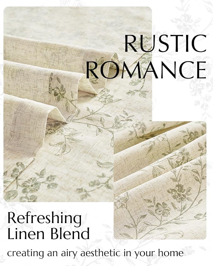 jinchan Green Floral Linen Curtains 63 Inch Farmhouse Back Tab 2 Panels | Flower patterned, small short drapes, french country, light filtering, semi sheer, privacy, bedroom, living room, home decor