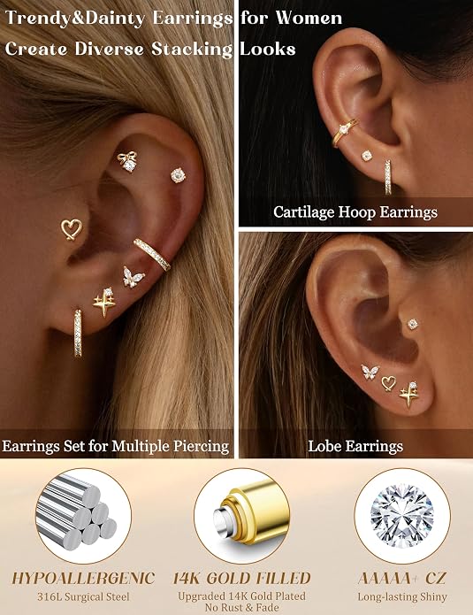 Kakonia Hypoallergenic Flat Back Earrings for Women Men Surgical Steel Earring for Sensitive Ears, 14K Gold Plated Stainless Steel Flatback Stud Hoop Cartilage Earring Stacks for Multiple Piercing