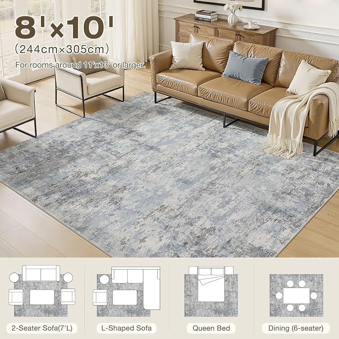 8x12 Rugs for Living Room, Washable Non Slip Bedroom Large Area Rug | Neutral Modern Abstract Carpet, Stain Resistant Low Pile, Made for Farmhouse Dining Room, Nursery, Home Office - Blue Gray