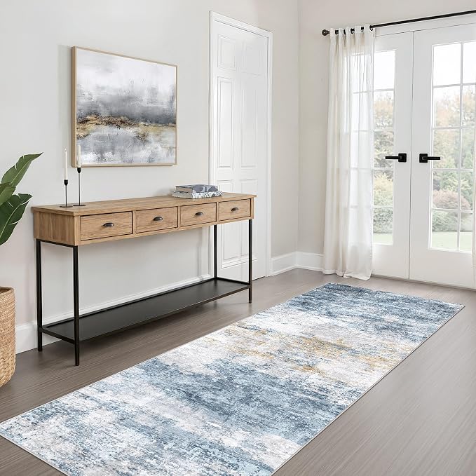 Runner Rug Non-Slip Kitchen Rug: 3x8 Washable Abstract Modern Soft Stain Resistant Indoor Floor Neutral Accent Throw Carpet for Hallway Bathroom Laundry Room Bedroom Entryway- Blue Gold