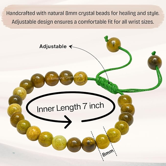 Amazing Gemstone Grossular Garnet Green Bracelet, Gifts for Men & Women - Protection Healing Crystal Bracelet - 8mm Gemstone Beaded Adjustable Bracelet, Pulseras para Hombres Mujer Stocking Stuffers