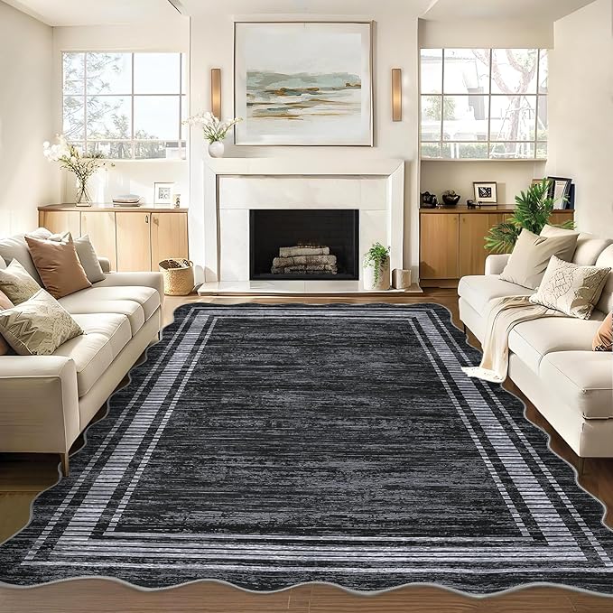 Garvee Scalloped Modern Abstract Area Rug 9x12 Large Washable Rug for Living Room, Non-Slip Soft Carpet for Bedroom, Scalloped Low-Pile Solid Print Accent Rug for Dining Room Home Office, Black | Girls Rug for Bedroom, Non-Slip Soft Carpet for Bedroom,...