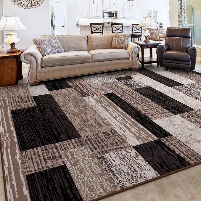 FlyDOIT Modern Geometric Patchwork Area Rug, 6x9 Chocolate Large Rugs for Living Room, Rockwood Collection Indoor Rugs for Bedroom, Throw Carpet Floor Decor for Entryway Dining Room Office Nursery