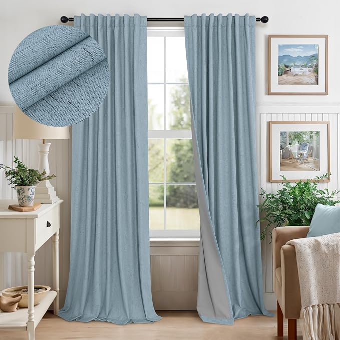 Light Blue Blackout Curtains 96 Inches Long for Living Room Country Rustic Faux Linen Black Out Thermal Insulated Darkening Curtain for Bedroom Patio Door 96 in Length 2 Panel Set Dusty Blue Grey Gray