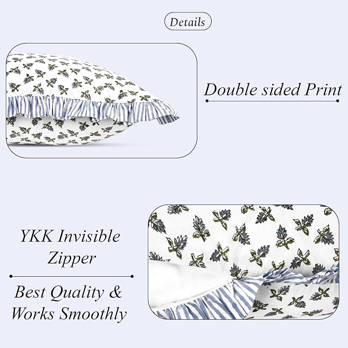 Ridhi Block Print Baby Blossoms Throw Pillow Cover 18" x 18" (Pack of 2) Decorative Cushion Covers with Ruffle for Couch, Sofa, Bed, Living Room, Home Decor Gift for Spring, Easter, Valentine
