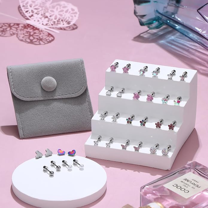 CASSIECA 16 Pairs Hypoallergenic Screw Back Earrings for Women Girls 316L Stainless Steel CZ Ball Heart Flower Screwback Flat Back Stud Earrings Jewelry Gift Women Multicolored Pink