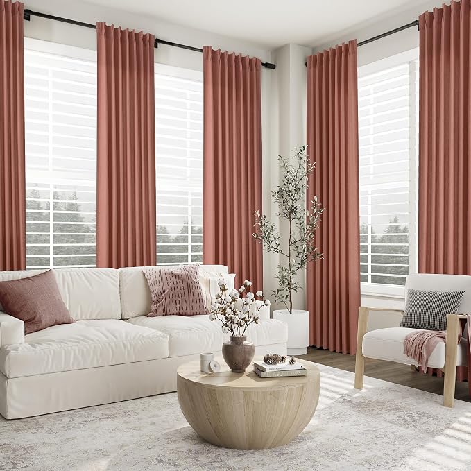Aersas Canyon Rose Pinch Pleated Linen Curtains 63 Inch Length 2 Panels for Living Room Bedroom Semi Sheer Window Curtain Boho Neutral Back Tab Pinch Pleat Drape with Hooks 40x63